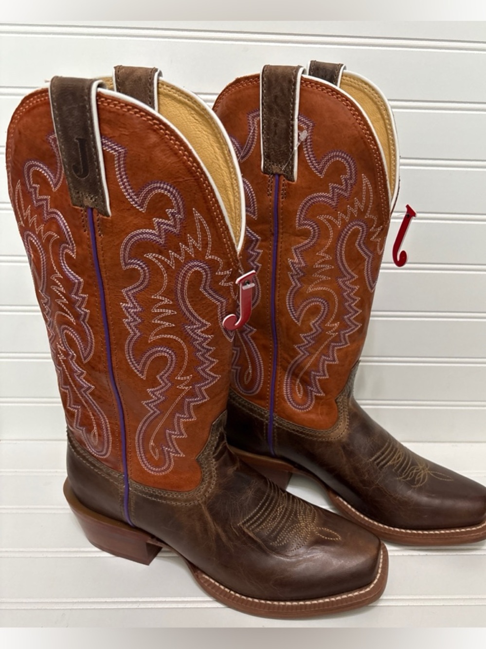 JUSTIN BREAKING NEWS Square Toe Tan Purple Cowboy Western Boots Womens Size 9 B